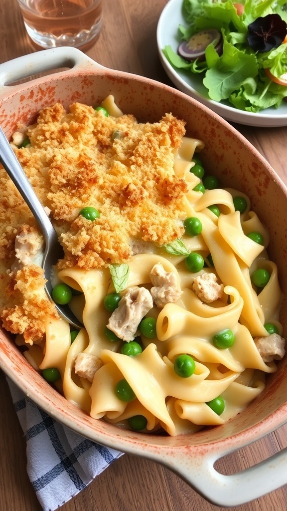 A hearty tuna noodle casserole topped with breadcrumbs and cheese, served in a rustic dish on a wooden table.